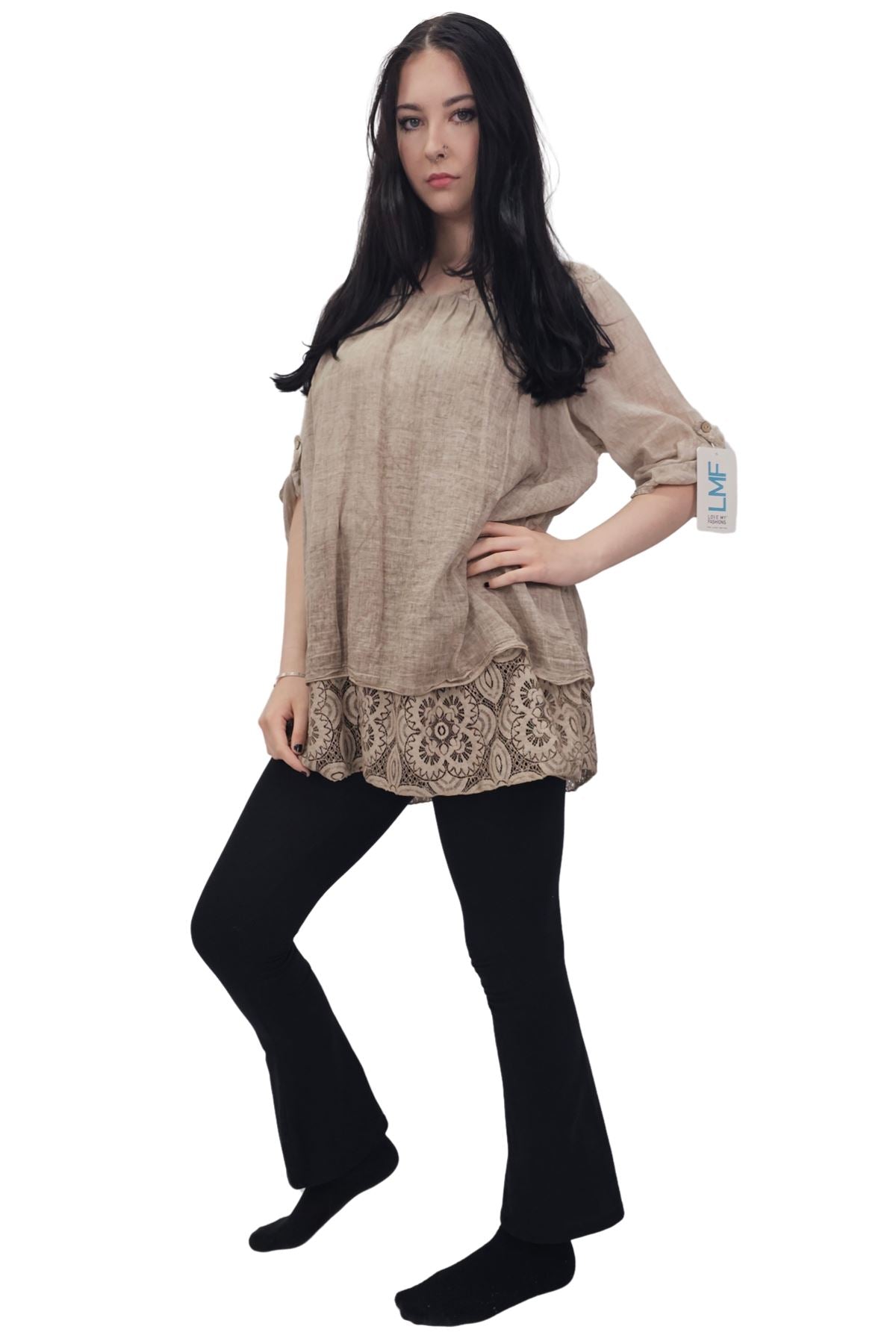Floral Pattern Lace Detailing Layered Hem Cotton Top