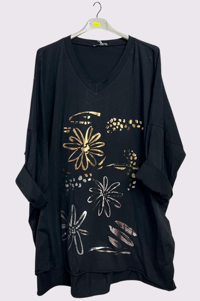 Flower Leopard Foil Print Dip Hem Cotton Top