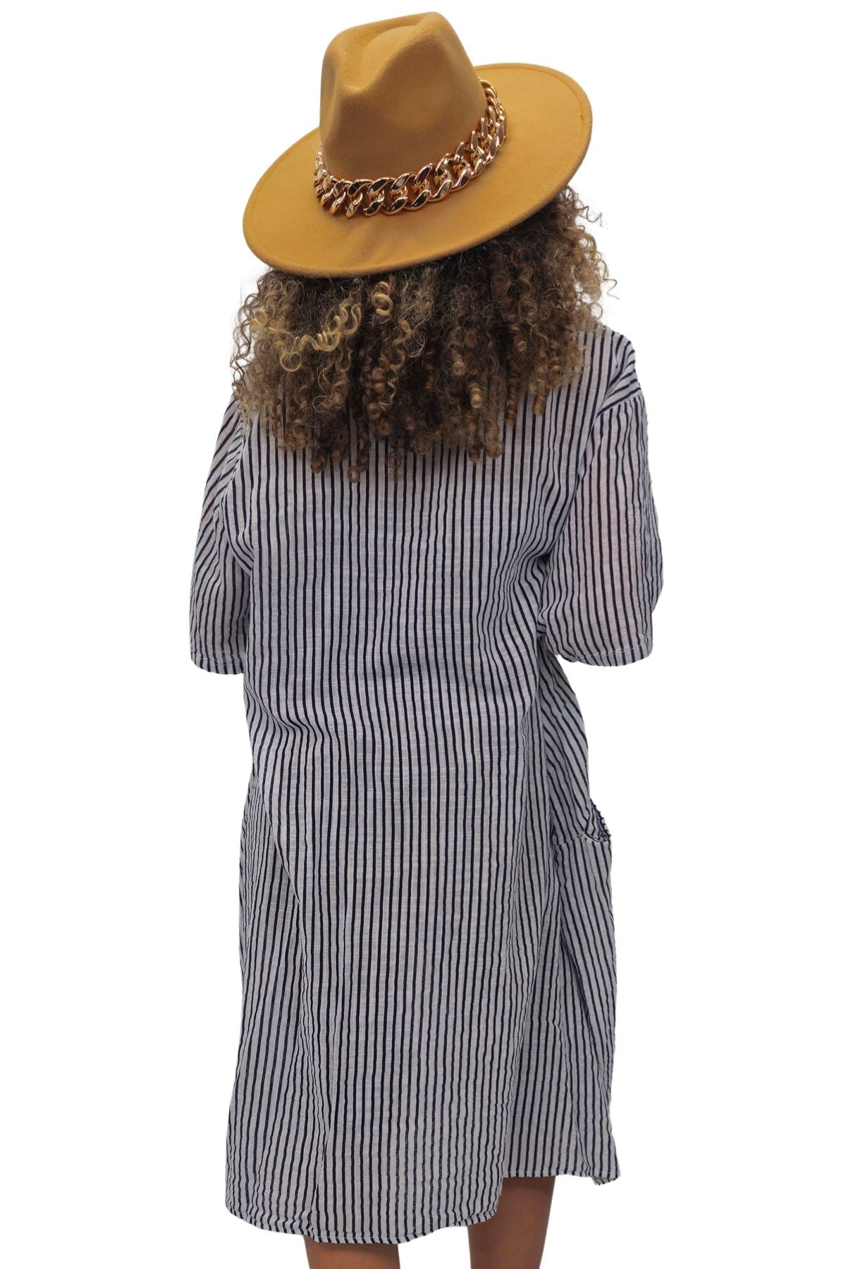 Vertical Stripes Print Two Side Pockets Cotton Dress