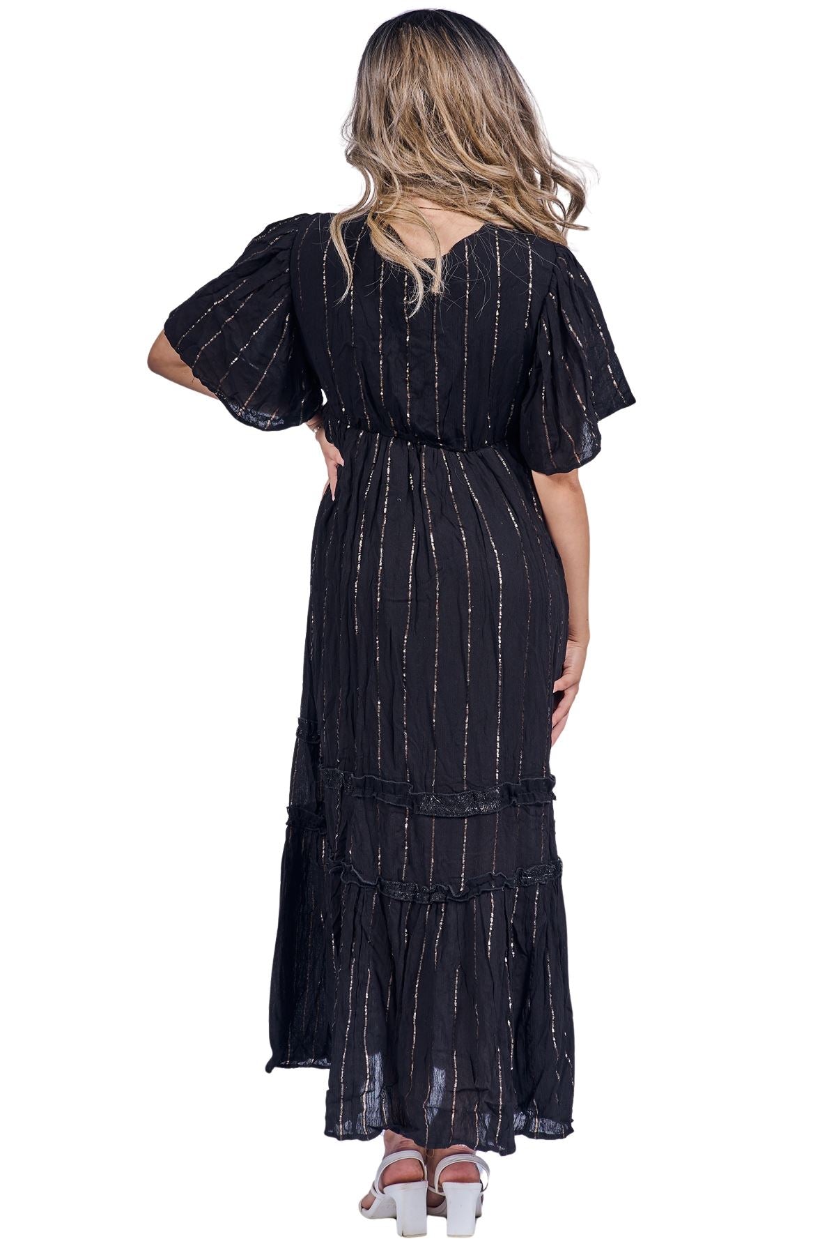 Vertical Metallic Stripe Detailing Pattern Bohemian Chic Dress