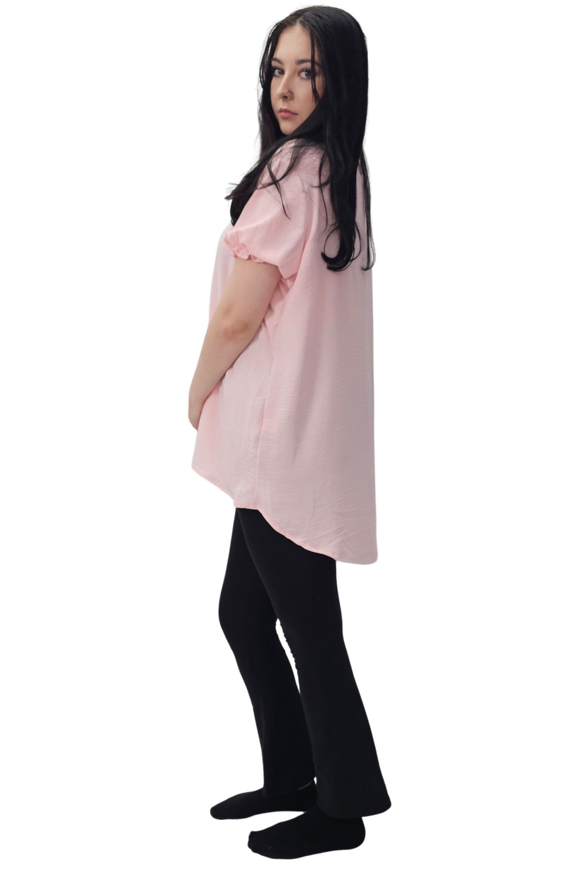 Plain Short Puff Sleeves Necklace Top