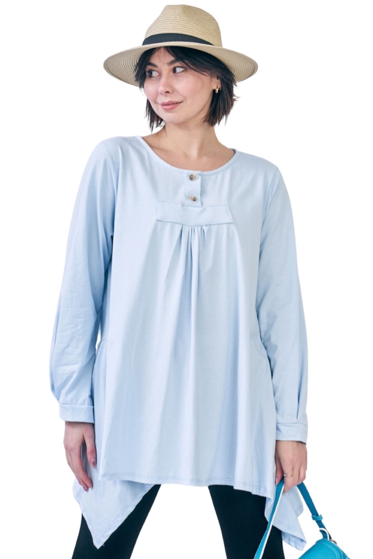 Plain Front Button Detail Hanky Hem Cotton Top