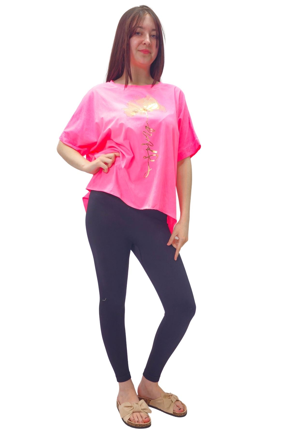 Gold Foil Spring Flower High Low Hem Cotton Top