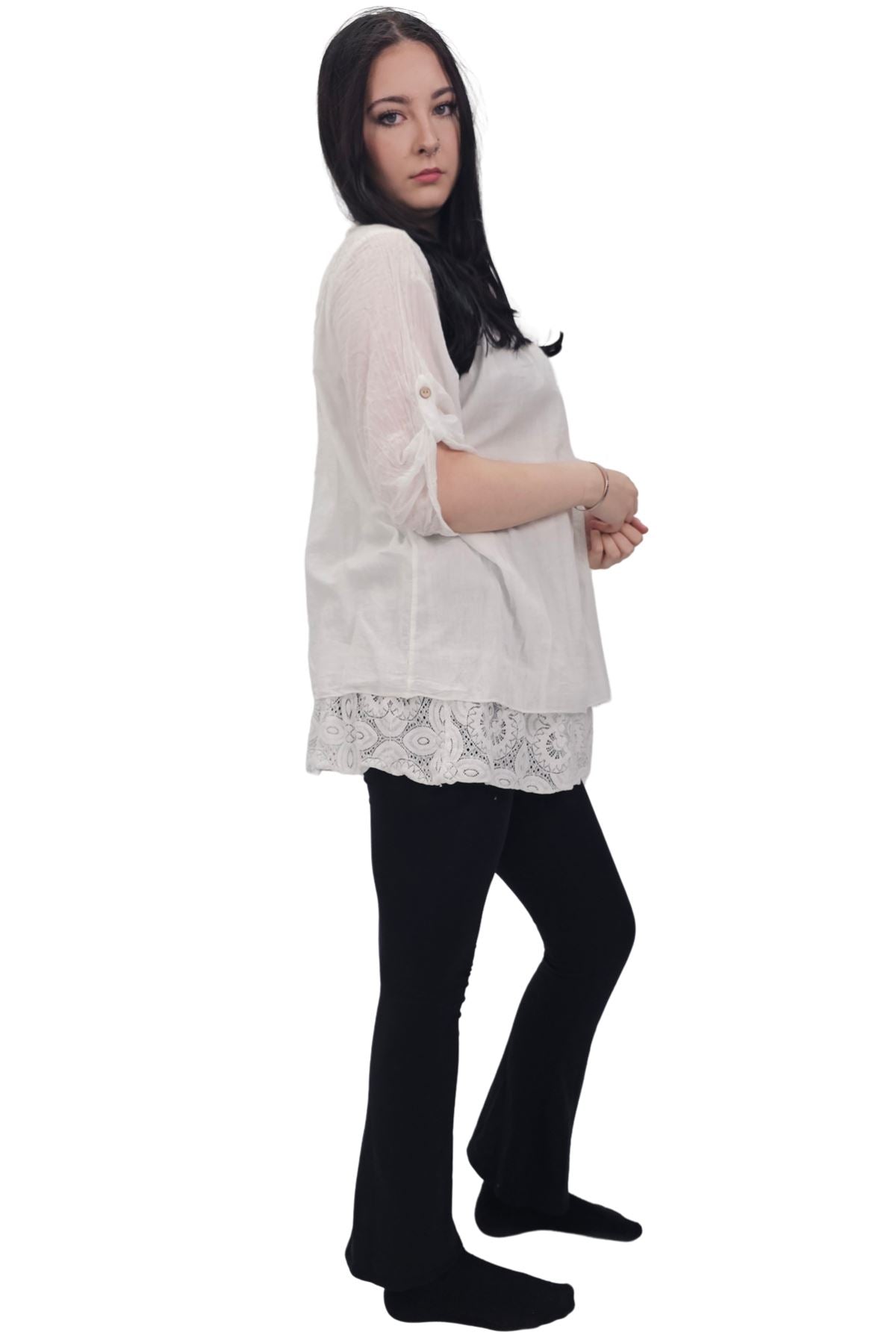 Floral Pattern Lace Detailing Layered Hem Cotton Top