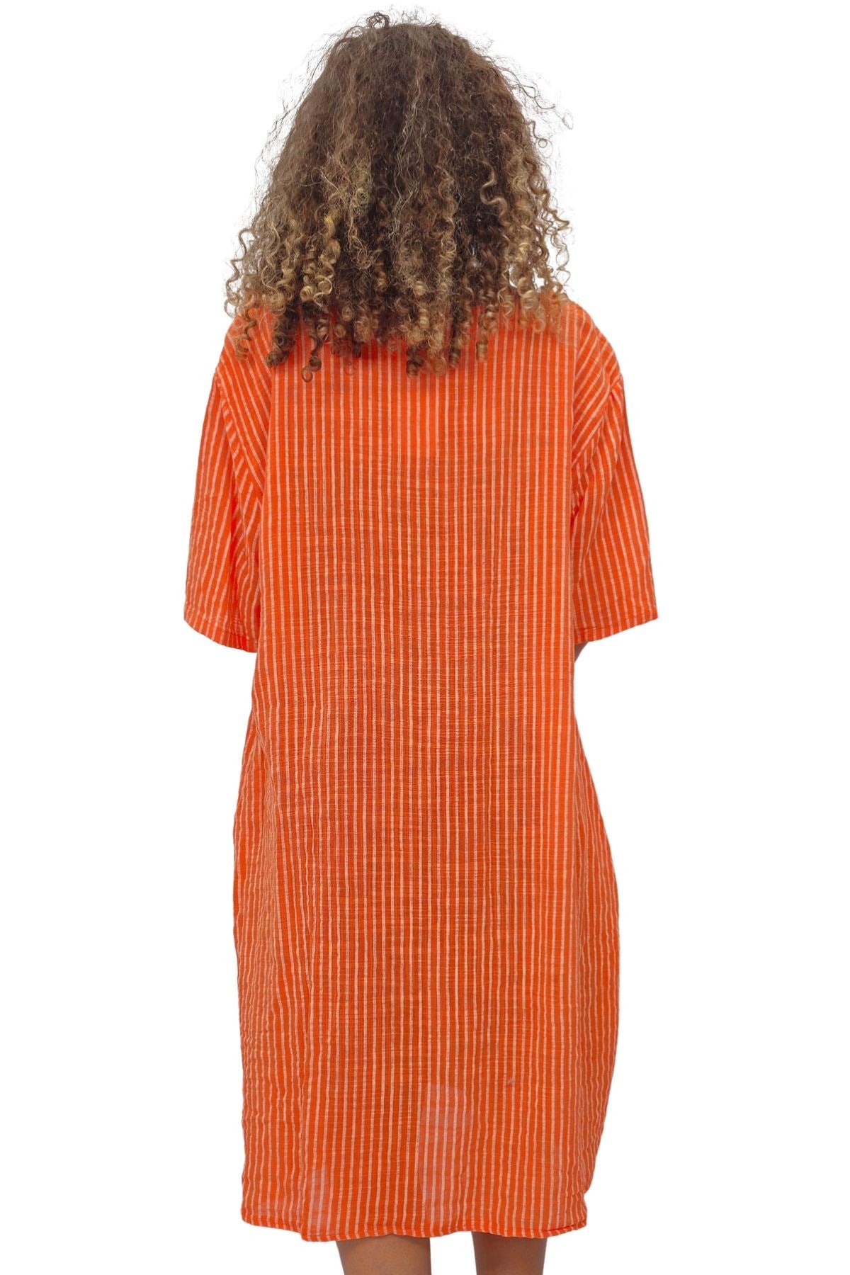 Vertical Stripes Print Two Side Pockets Cotton Dress