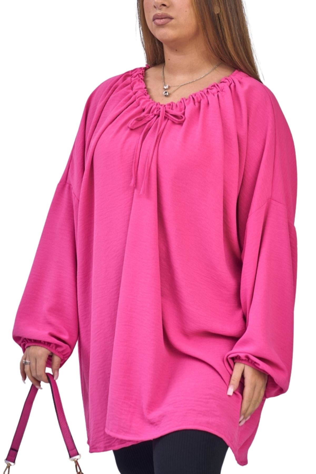 Plain Oversized Drawstring Neckline Top