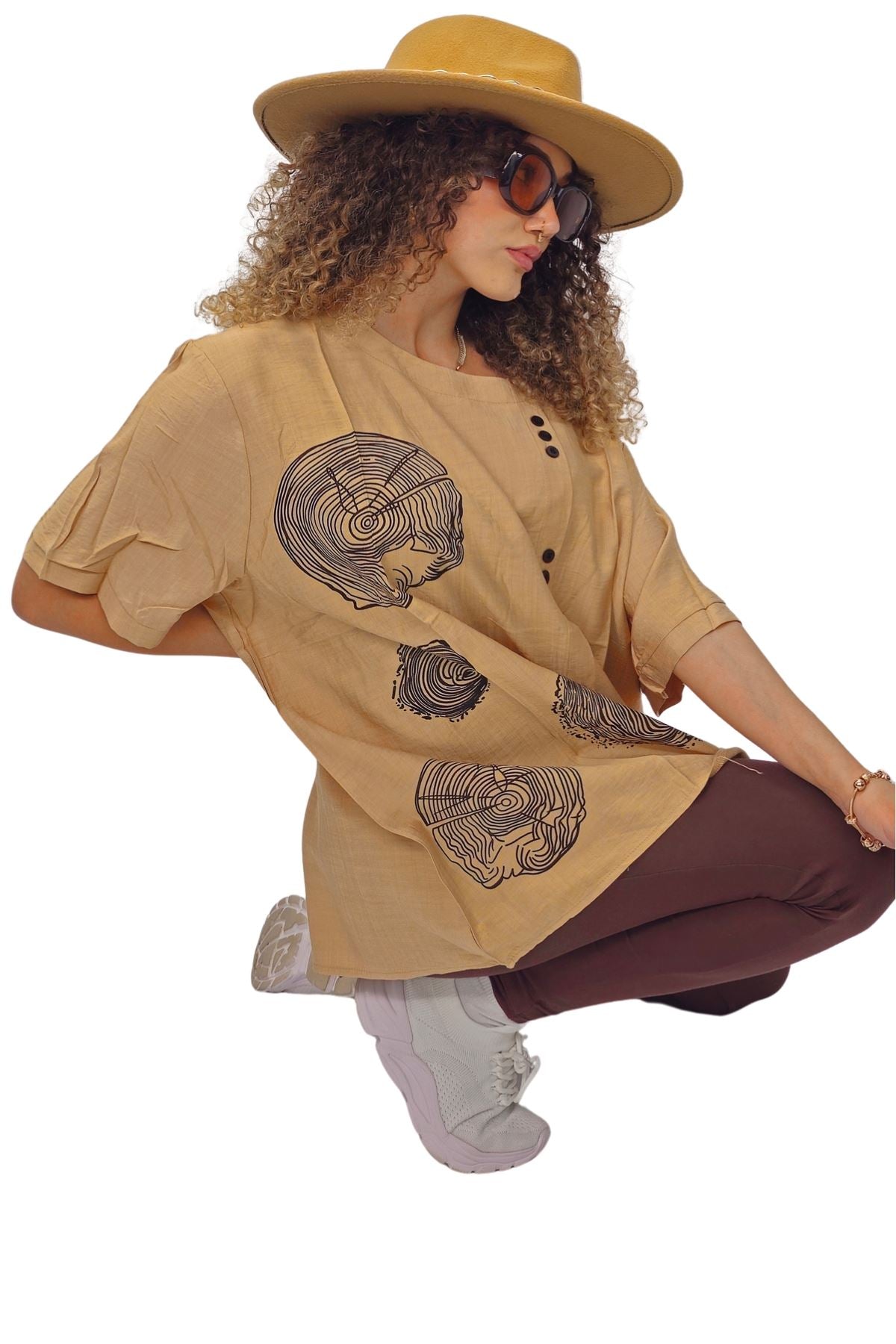 Tree Ring Print Front Button Detail Cotton Top