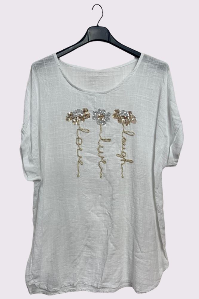 Sequin Embroidered Flower Pattern Curved Hem Cotton Top