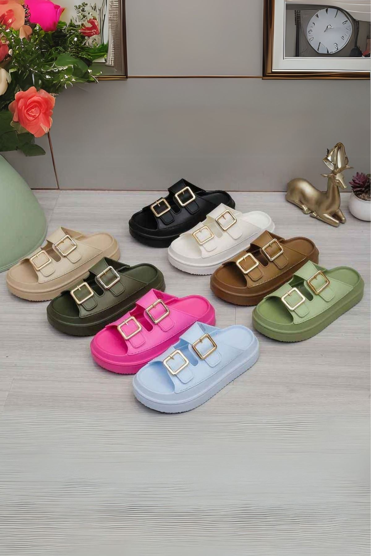 Double Buckle Platform Slip On Slider