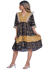 Geometric Greek Key Pattern Sequin Embellishments Bohemian Dress