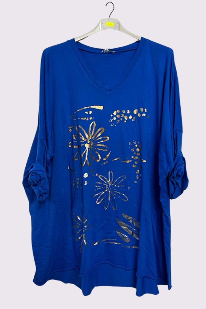 Flower Leopard Foil Print Dip Hem Cotton Top