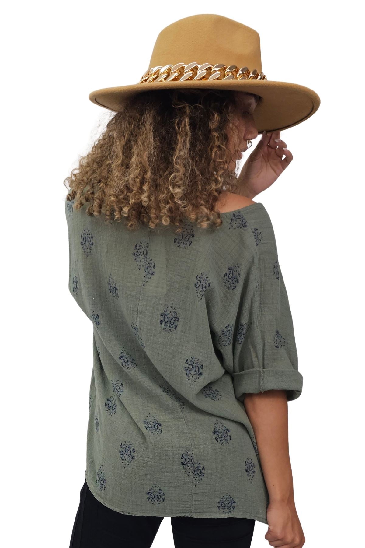 Block Print-Style Motifs Tunic Silhouette Cotton Top