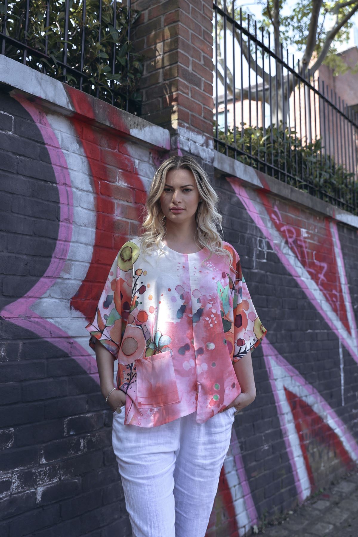 Abstract Watercolour-Style Print Asymmetrical Hemline Cotton Top