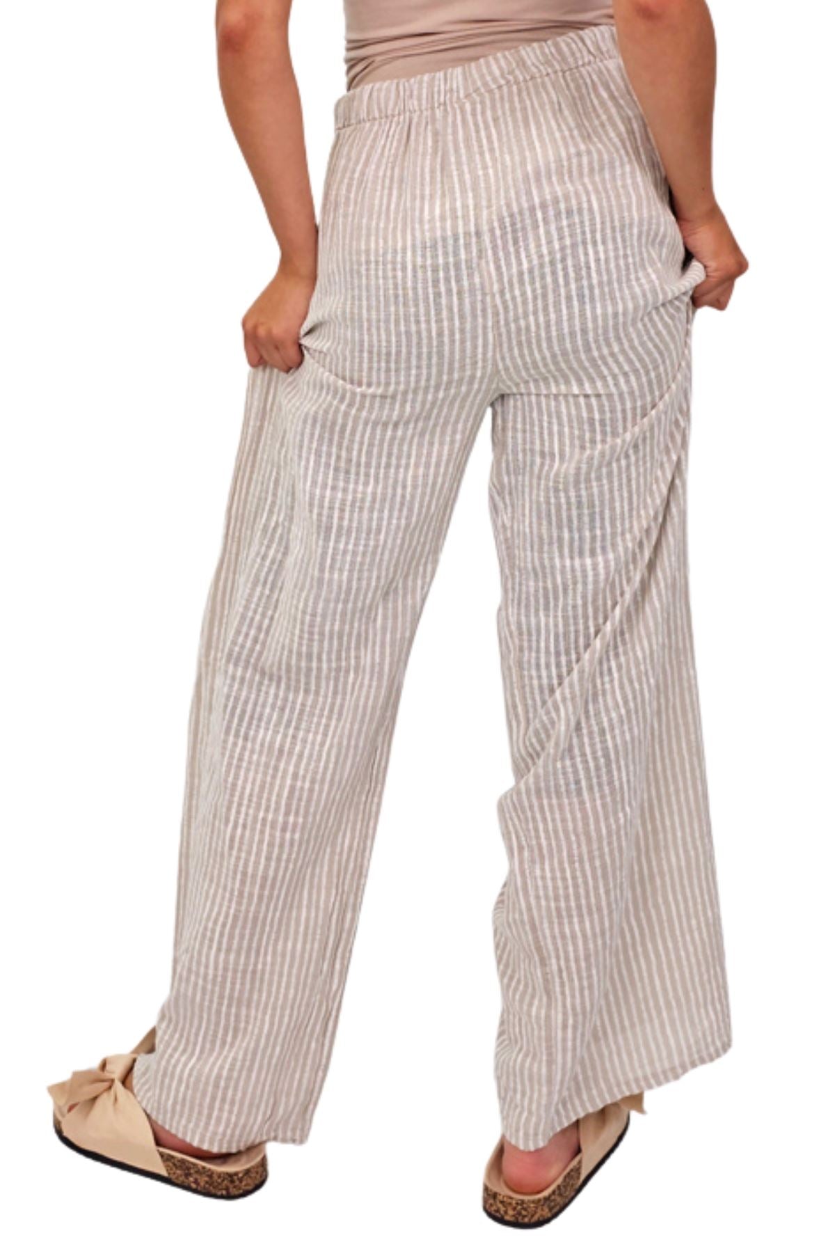 Stripe Print Elasticated Waistband Wide Leg Cotton Trousers