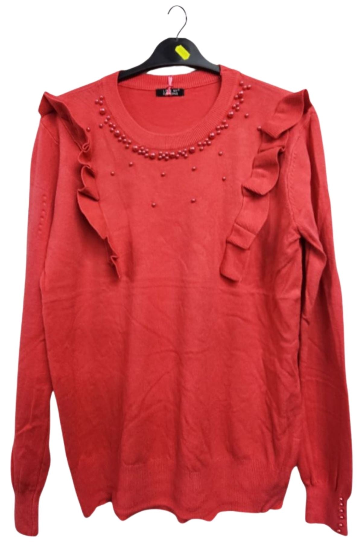 Pearls Side Chest Frill Ribbed Hem Soft Jumper
