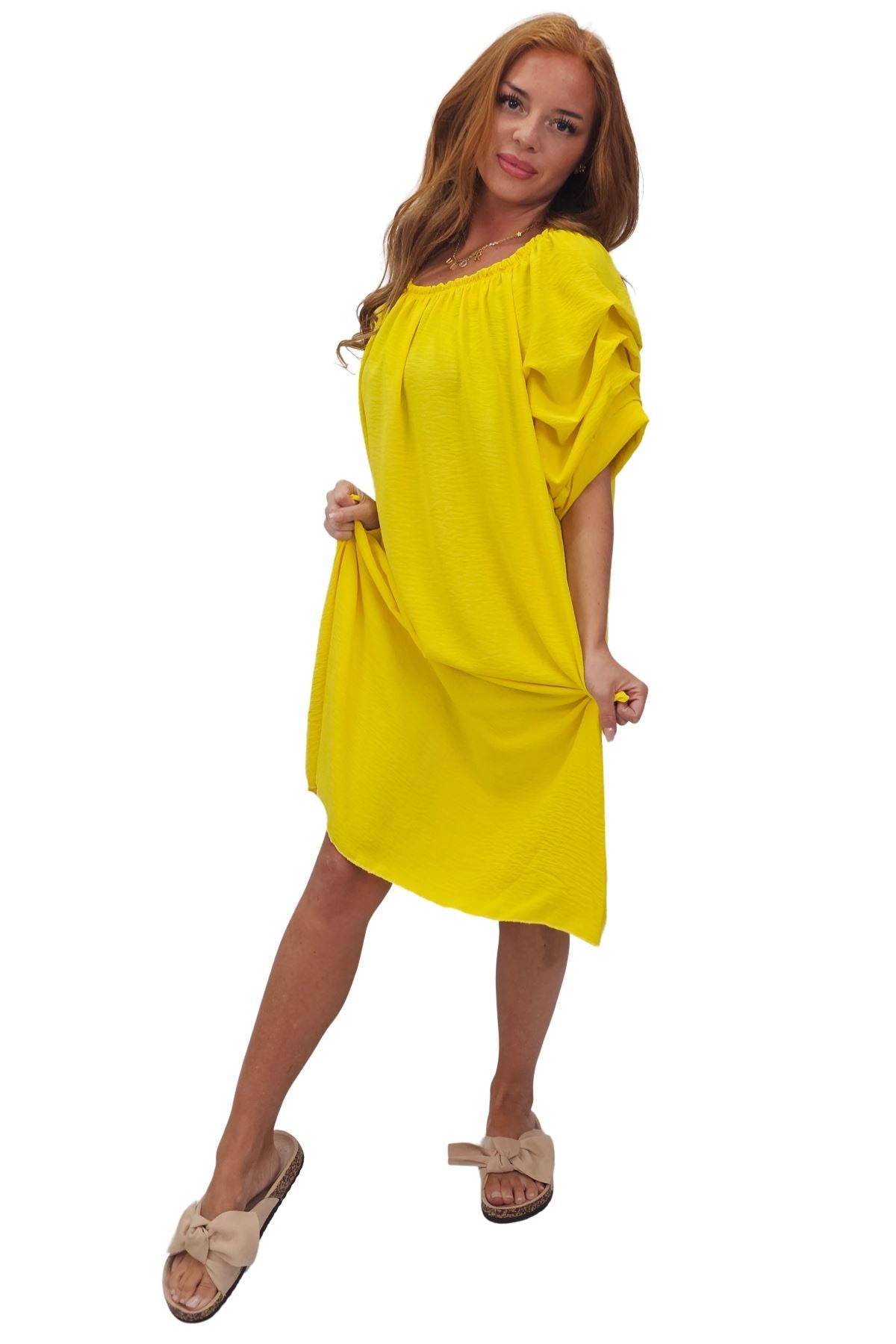 Plain Puff Sleeves Layered Detail Dress