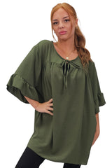 Plain Tie Neck Ruffle Sleeve Top