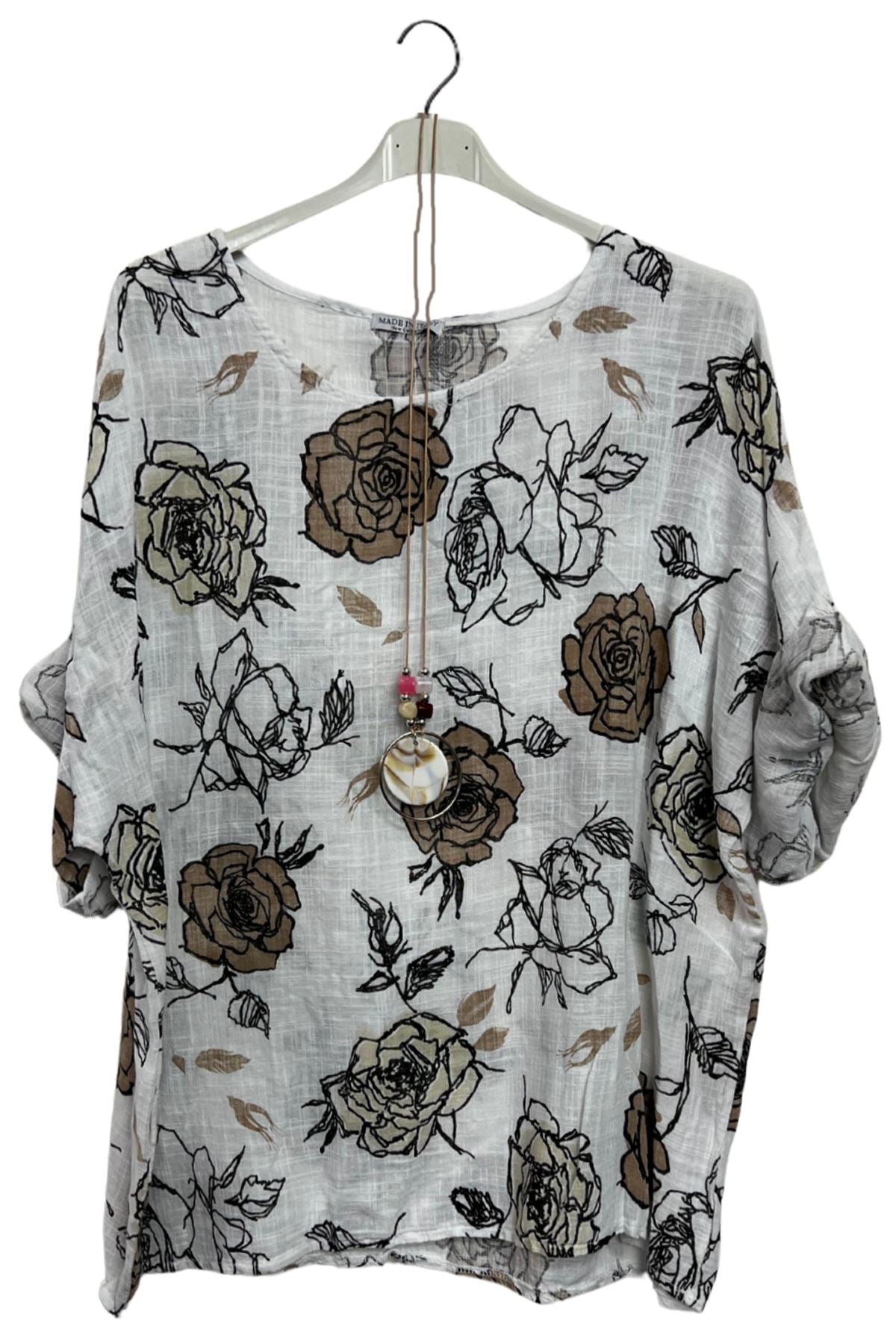 Rose Flower Print Oversized Necklace Tunic Cotton Top