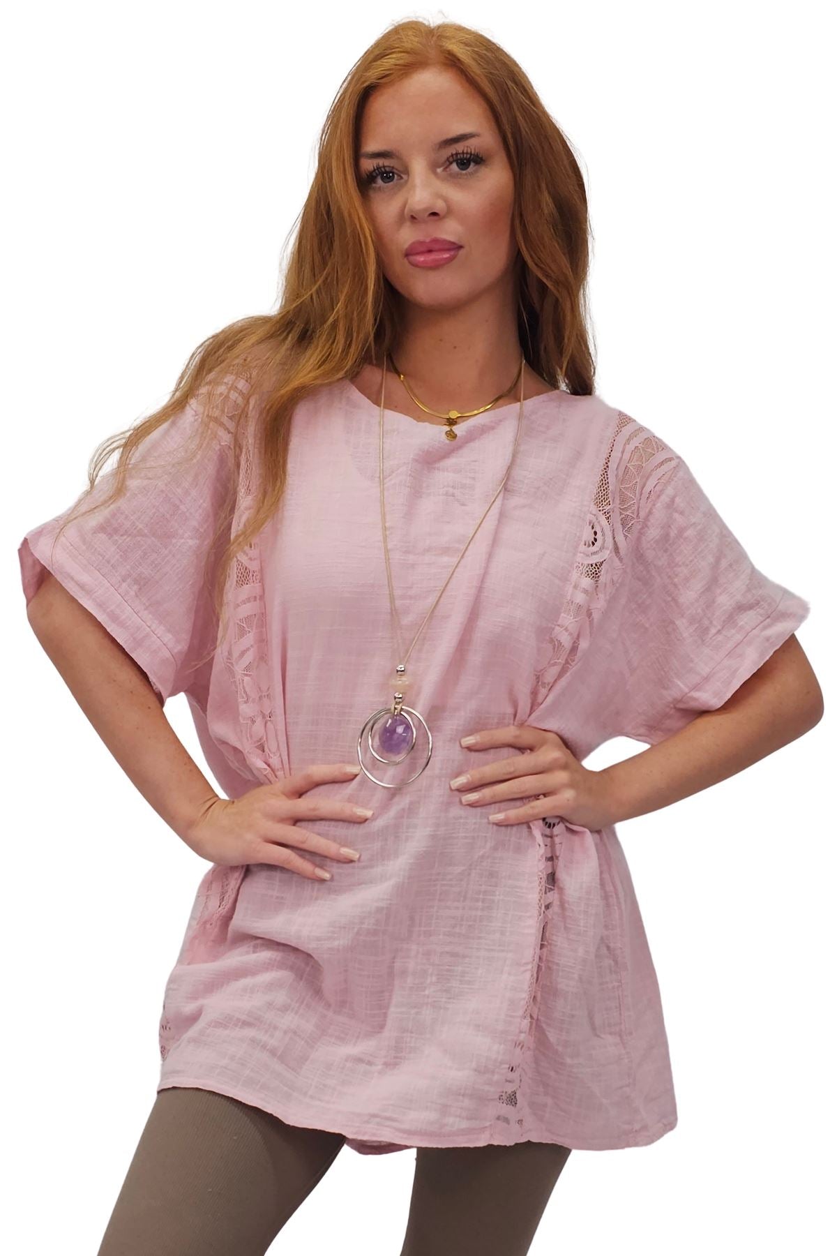 Plain Textured Side Panel Necklace Cotton Top