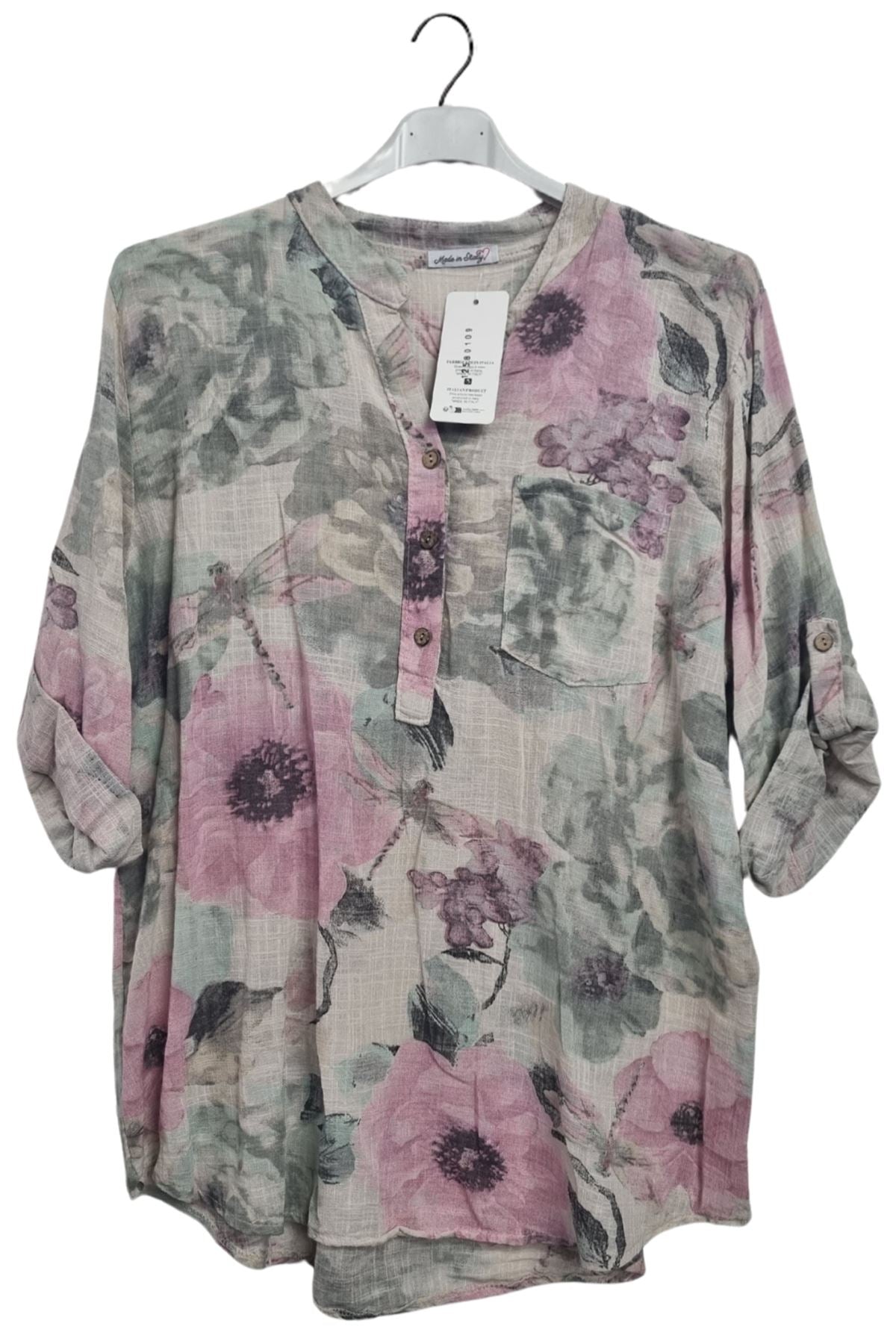 Floral Print Chest Pocket Oversized Tunic Cotton Top