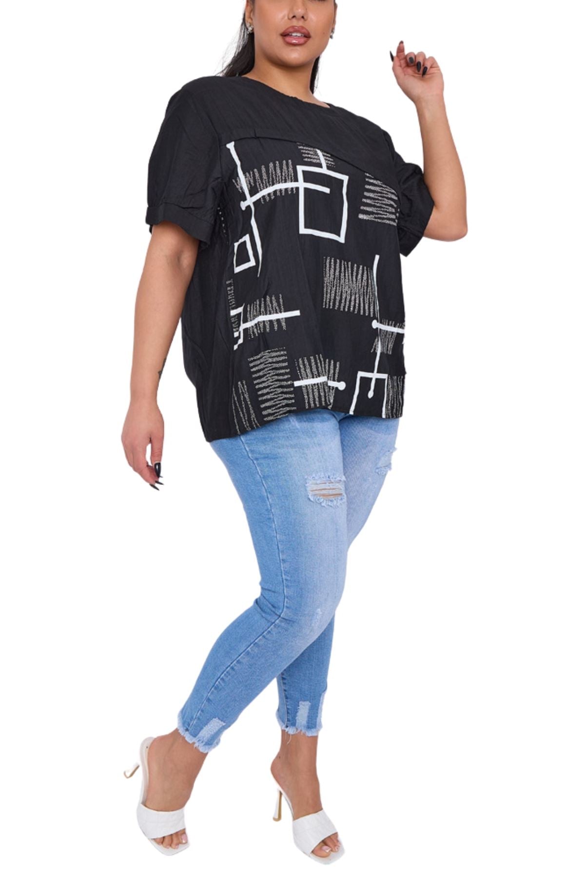 Abstract Block Print Side Button Detail Cotton Top