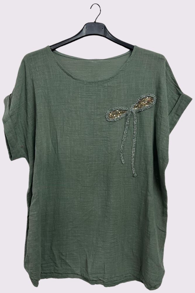 Textured Embroidered Sequin Curved Hem Cotton Top