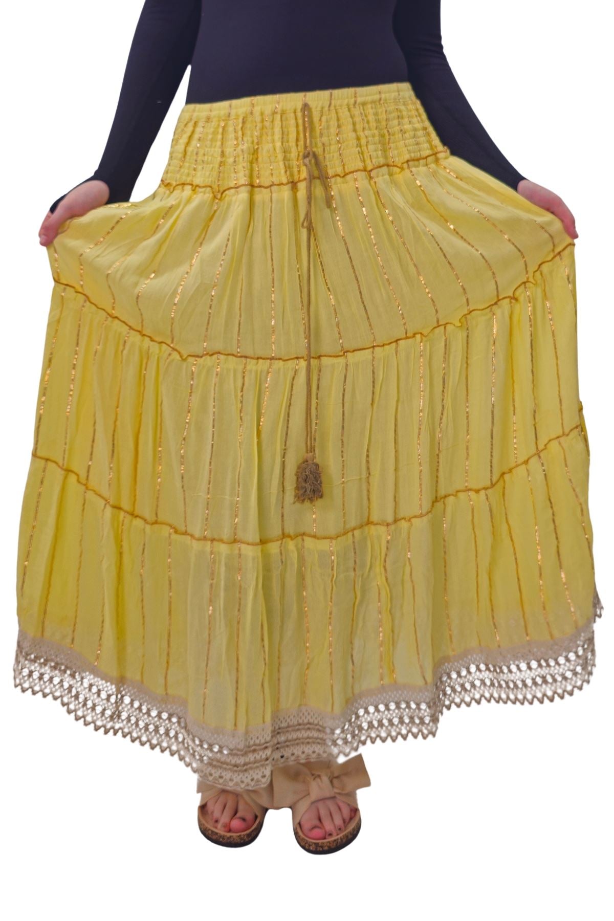 Gold Stripe Pattern Layered Maxi Skirt