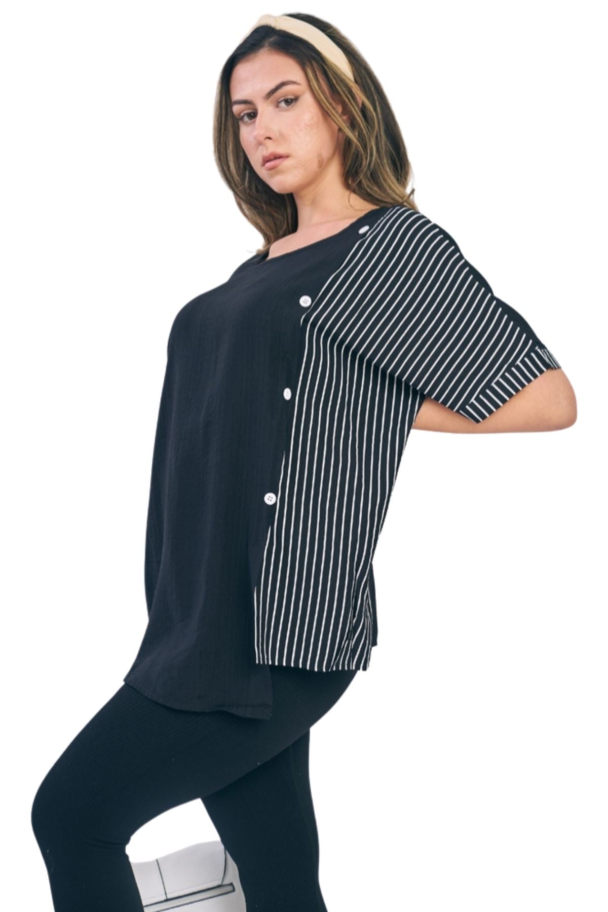 Stripe Print Side Button Detail Cotton Top