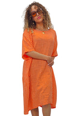 Vertical Stripes Print Two Side Pockets Cotton Dress