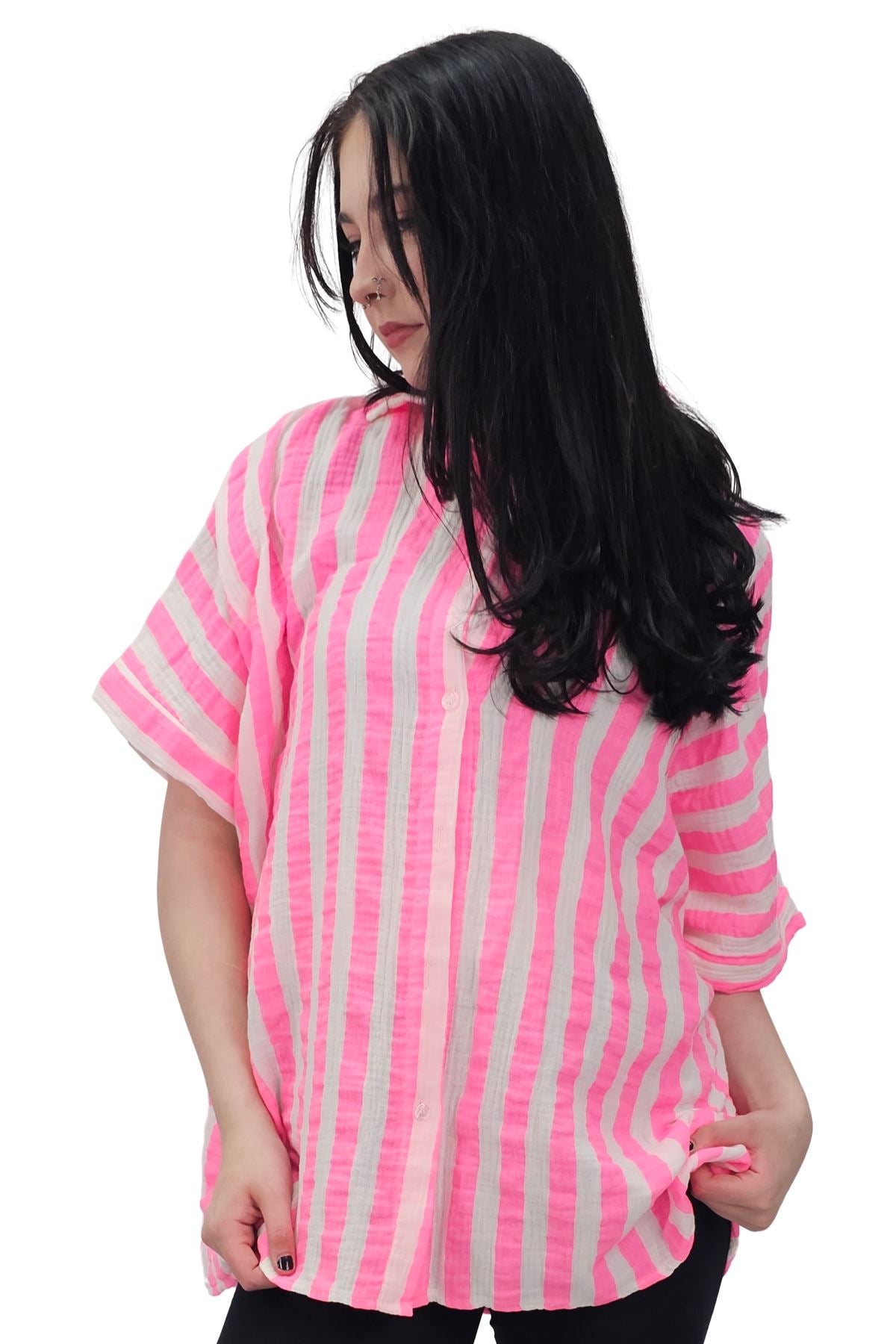 Vertical Stripes Print Front Button Down Cotton Shirt