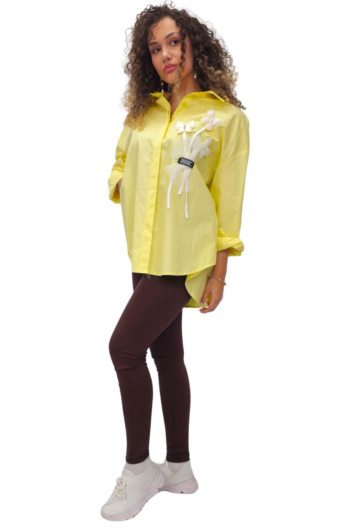 Flower Applique Pattern High Low Hem Shirt