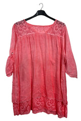 Floral Pattern Lace Detailing Layered Hem Cotton Top
