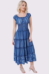 Lily Flower Print Shirred Waist Tiered Cotton Dress