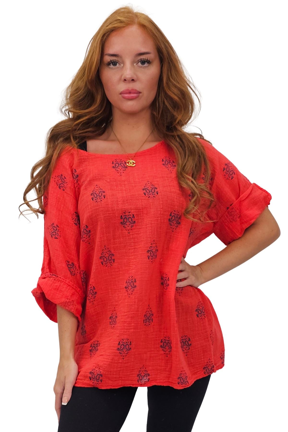 Block Print-Style Motifs Tunic Silhouette Cotton Top