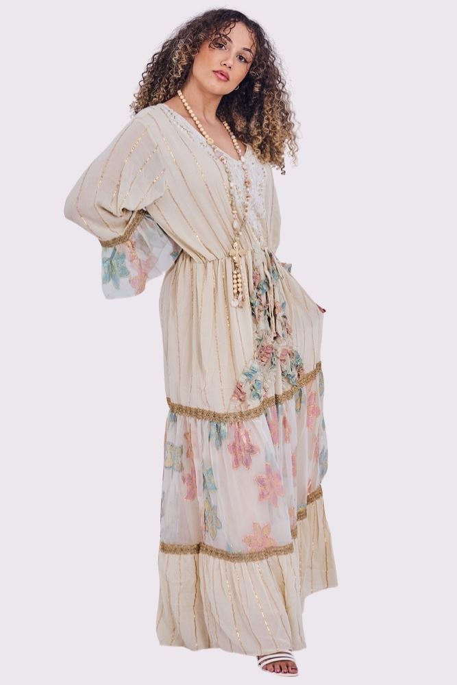 Rose Gold Stripe Pattern Maxi Long Sleeve Ruffle Front Dress