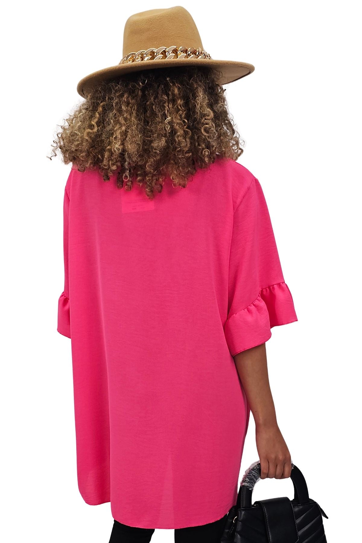 Plain Tie Neck Ruffle Sleeve Top