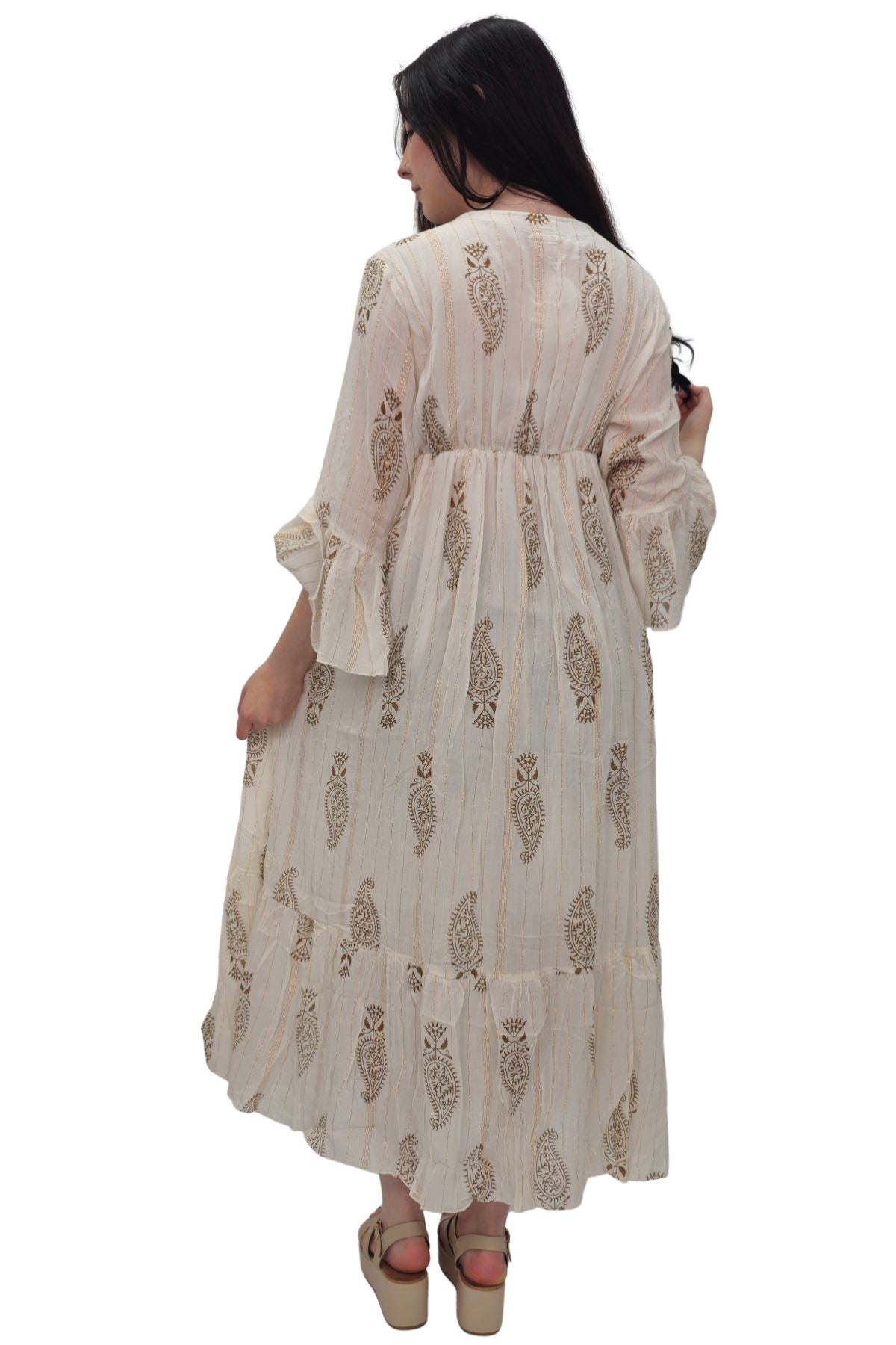 Paisley Print Round Neckline with Keyhole Tassel String Dress