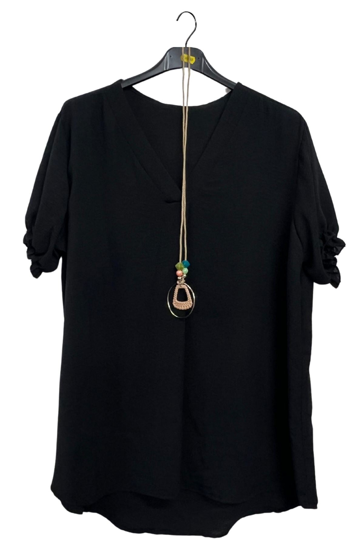 Plain Short Puff Sleeves Necklace Top
