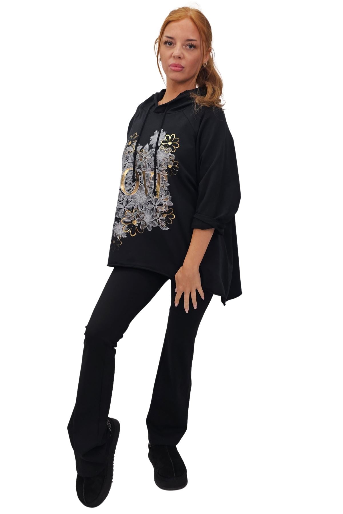 Love Flower Foil Print String Hoody High Low Hem Cotton Hoodie