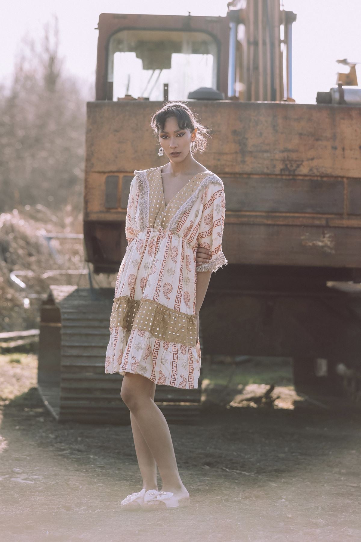 Foil Greek Key Paisley Print Lace Patch Work Dress