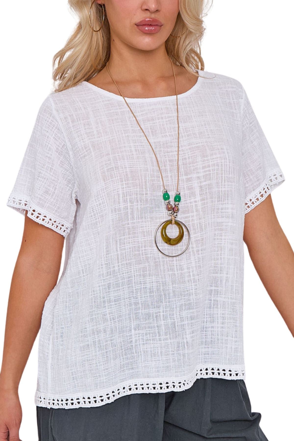 Plain Lace Hem Necklace Cotton Top