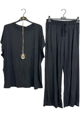 Plain Drawstring Waistband Wide Leg Co-Ord Set