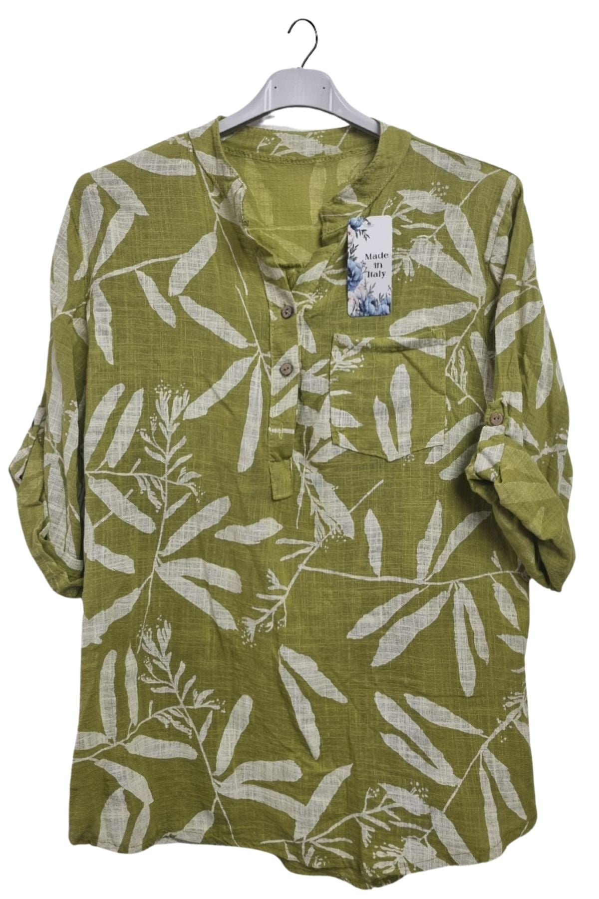 Leaf Print Chest Pocket Cotton Top