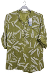 Leaf Print Chest Pocket Cotton Top