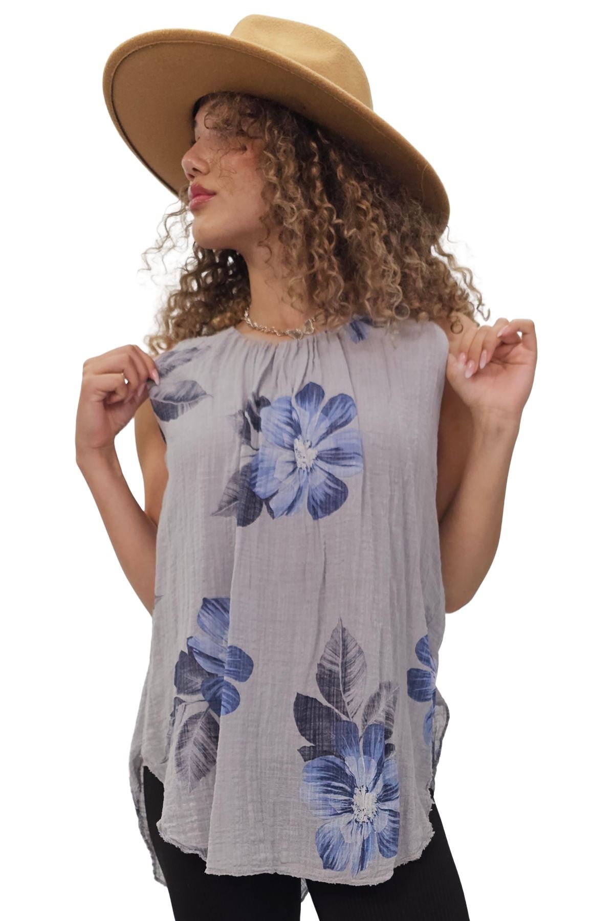 Petunia Flower Print Round Hem Cotton Top