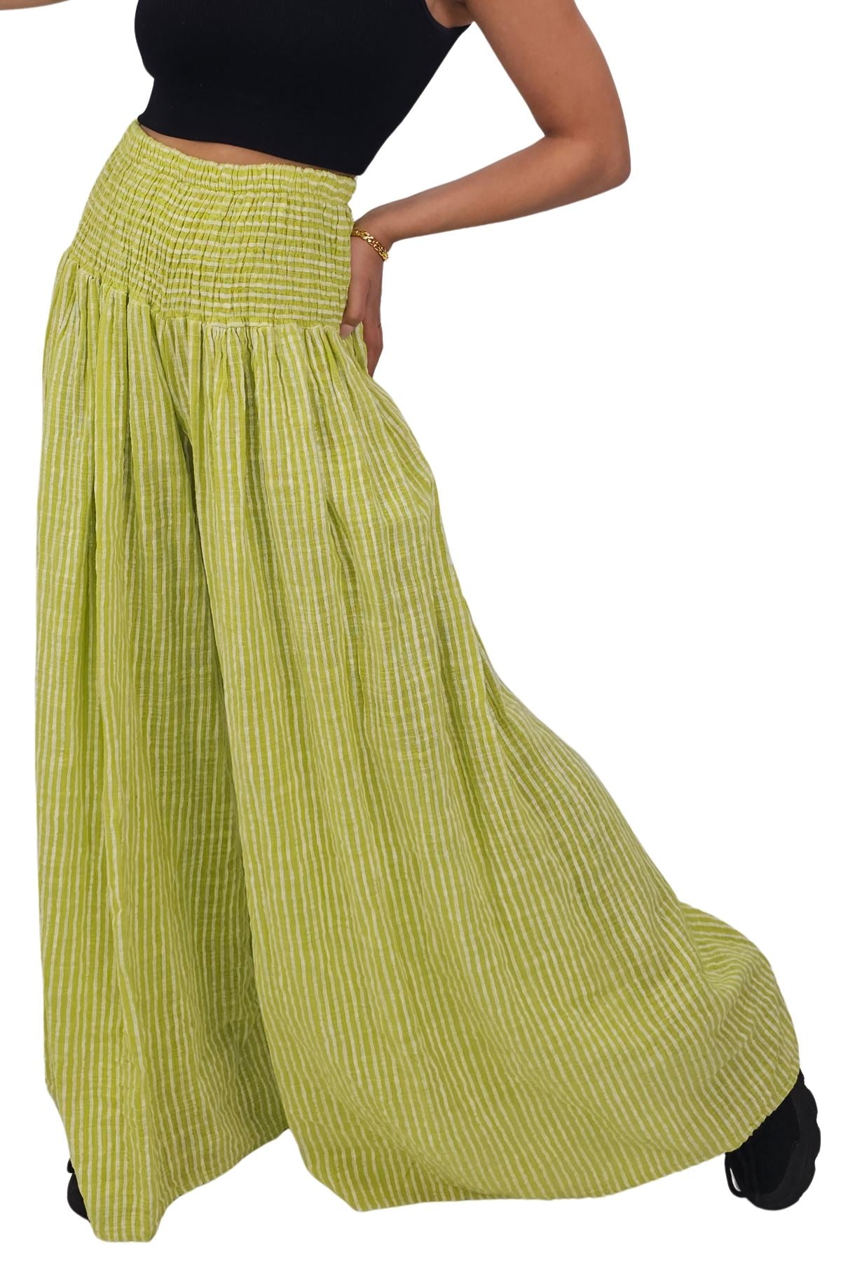 Vertical Stripes Print Smocked Waistband Wide Leg Cotton Palazzo