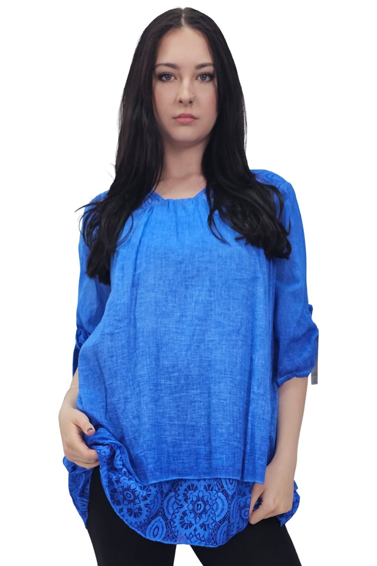 Floral Pattern Lace Detailing Layered Hem Cotton Top