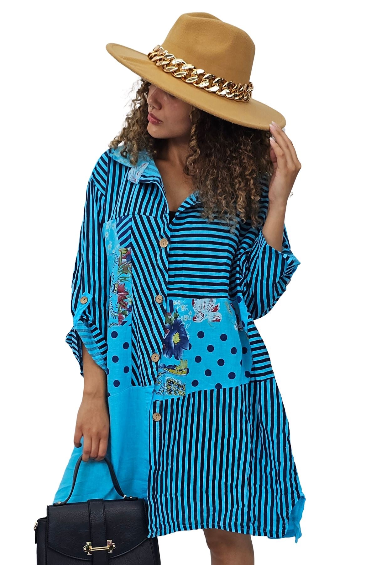 Vertical Stripes Polka Dot Print Full Front Buttons Linen Shirt