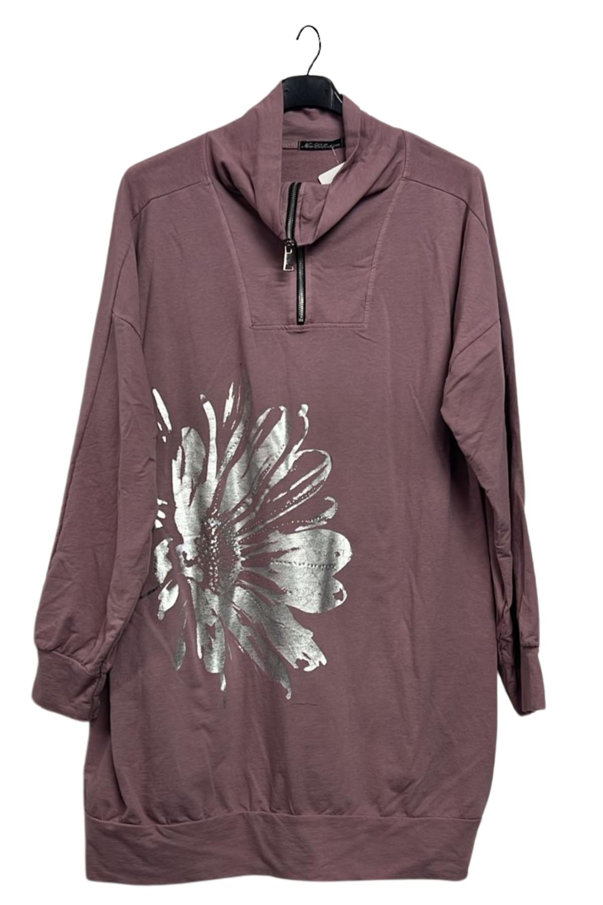 Metallic Foil Flower Pattern Front Zip Cuffed Hem Cotton Top