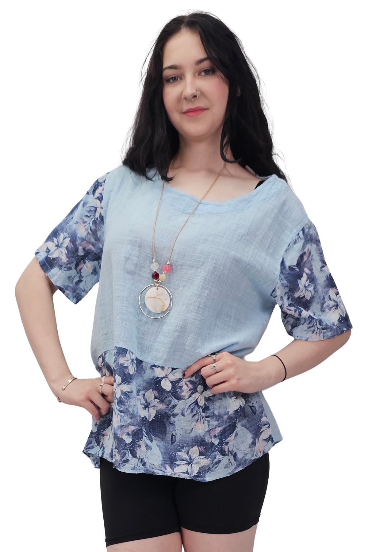 Floral Print Necklace Oversized Tunic Cotton Top